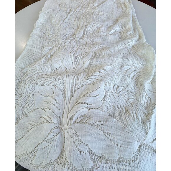 Vintage 70s pleated curtain, cream off-white mesh, floral tropical, for each - Picture 6 of 10